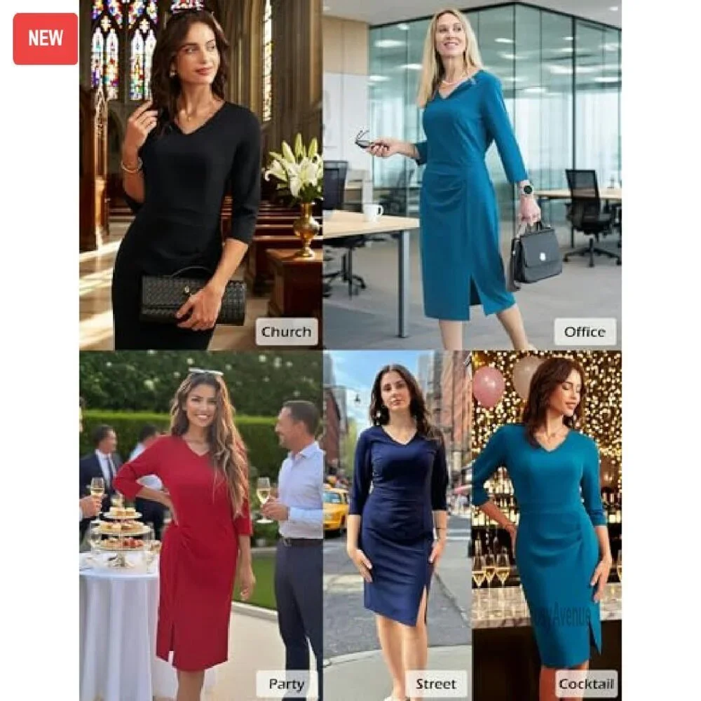 Professional Bodycon Dress 3/4 Sleeve V Neck Pencil Midi Office Wear